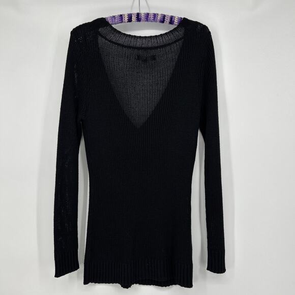 Tommy Bahama Linen Blend Sweater Womens Sise M Black V Neck Open Knit Longline - Picture 2 of 7